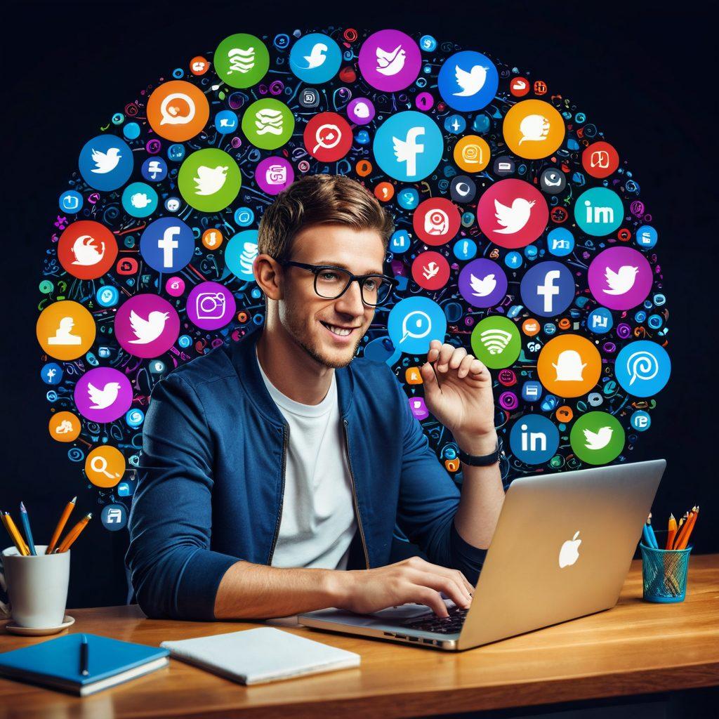 A writer sitting at a desk with a glowing laptop, surrounded by social media icons like Facebook, Twitter, Instagram, and LinkedIn, interconnected by vibrant, swirling lines symbolizing connectivity. The background is a blend of digital networks and a community of engaged readers. Detailed expressions of excitement and focus on the writer's face. super-realistic. vibrant colors. modern tech aesthetic.