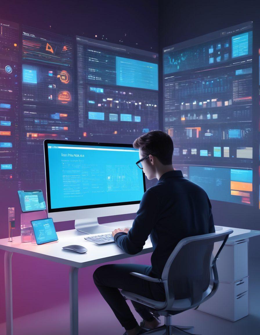 A person sitting at a modern desk with a laptop, surrounded by floating digital icons like text editors, analytics charts, and calendar reminders, symbolizing effective blog management. The background shows a digital narrative with blog posts visually emerging from the laptop screen. Vibrant colors. 3D. Modern and futuristic style.