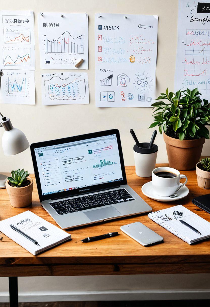 A modern, visually appealing workspace with a stylish laptop on a wooden desk, an open notebook with scribbled ideas, a steaming coffee cup, and digital icons floating above representing various blogging tools like analytics, writing apps, and social media. The room is well-lit with a minimalist design. super-realistic. vibrant colors. white background.